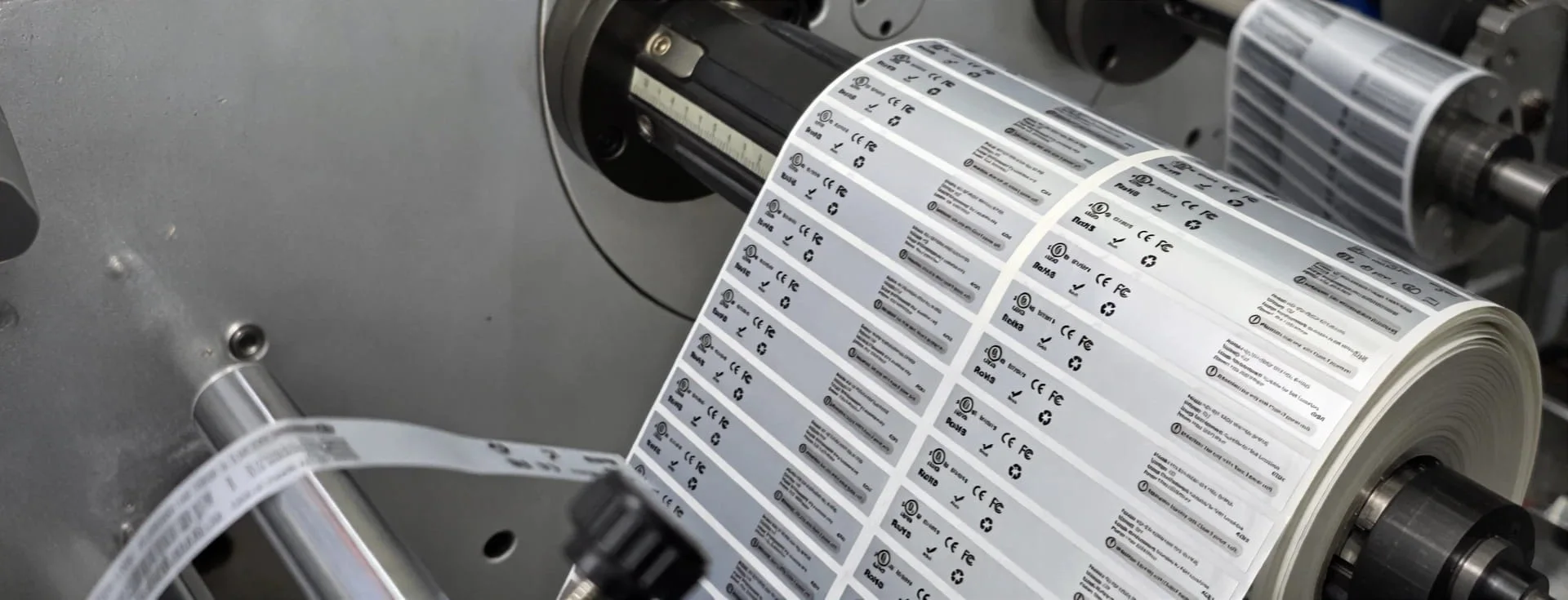 Printed industrial label rolls on a production machine
